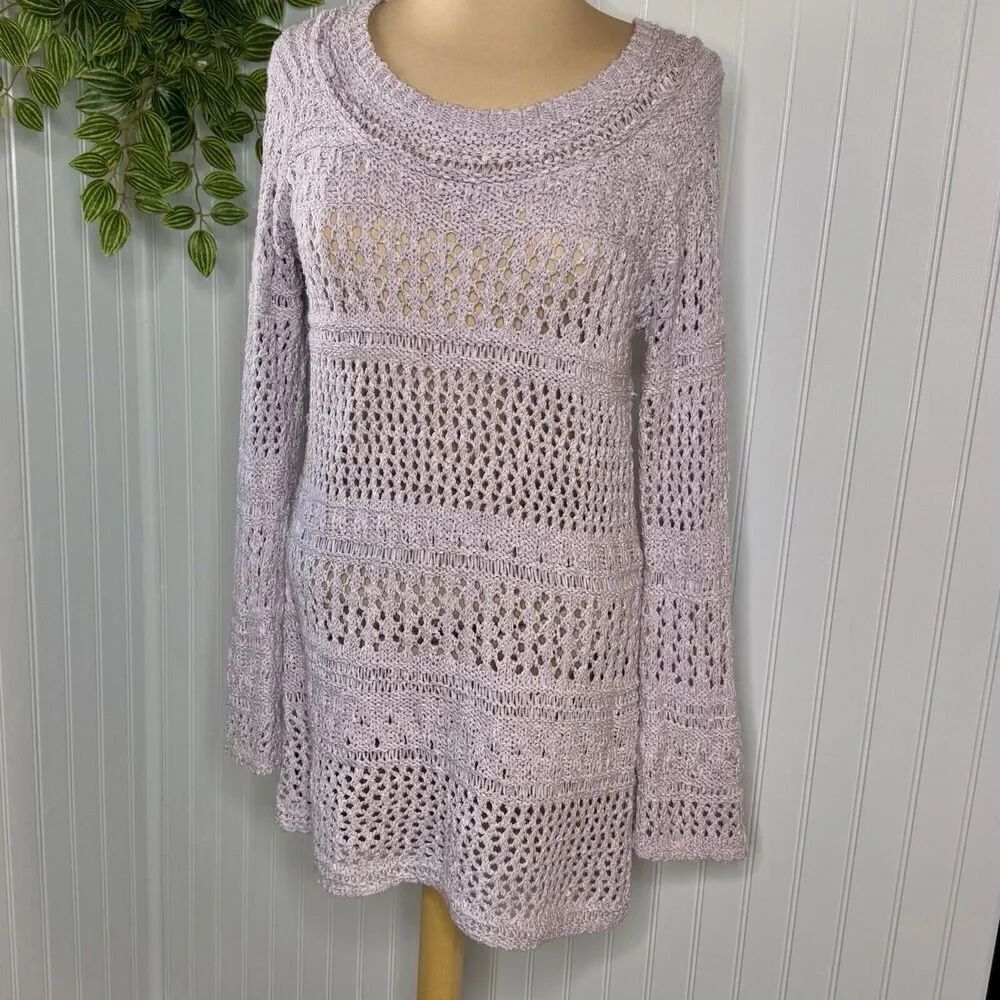 BCBG MaxAzria Sz XL Sweater Dress Crochet Knit Long Sleeve Boho Lavender Lilac - Picture 5 of 13